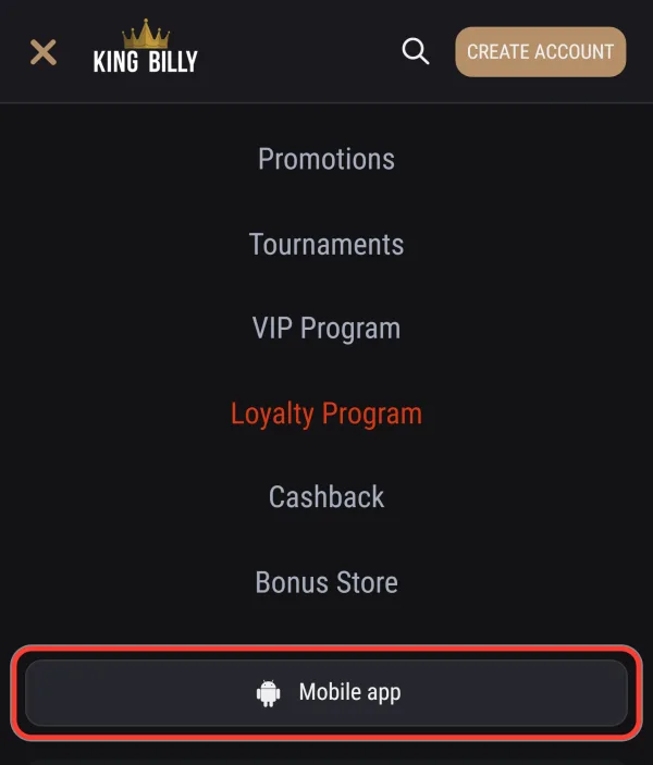 Mobile app button in the King Billy menu that leads to the KingBilly.apk download