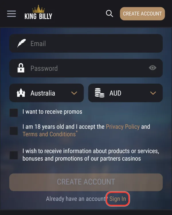 Sign In link under the Create Account button on the King Billy site opened from the iPhone icon