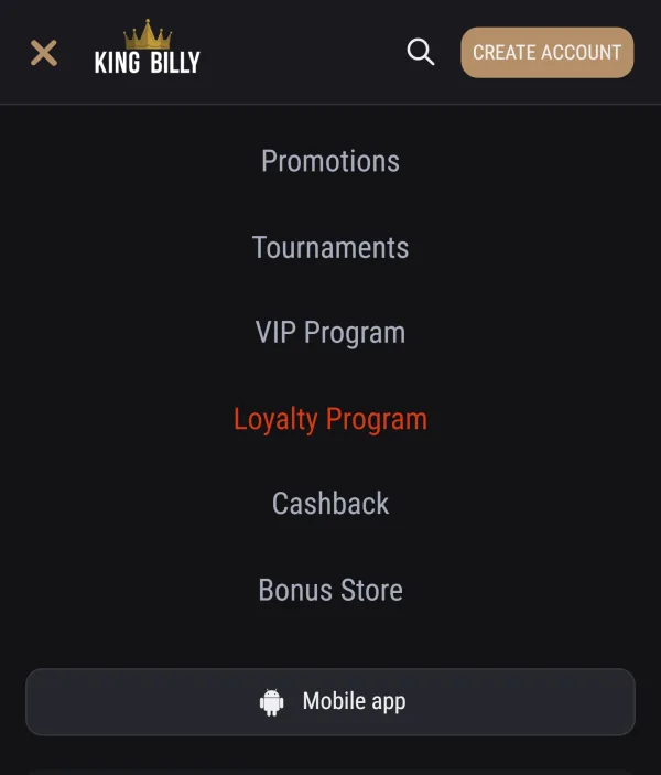 King Billy mobile menu on Android with the Mobile app button below Bonus Store